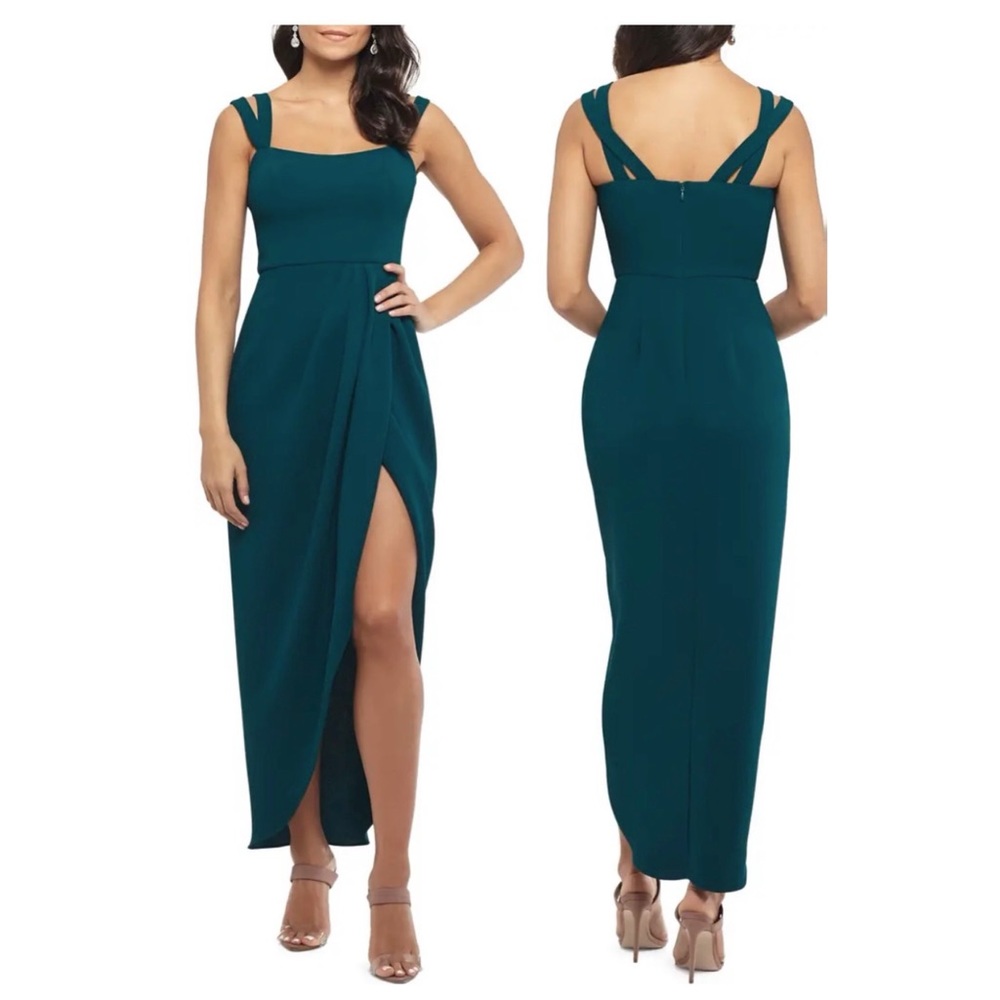 XSCAPE Side Ruched Double Strap Crepe Gown